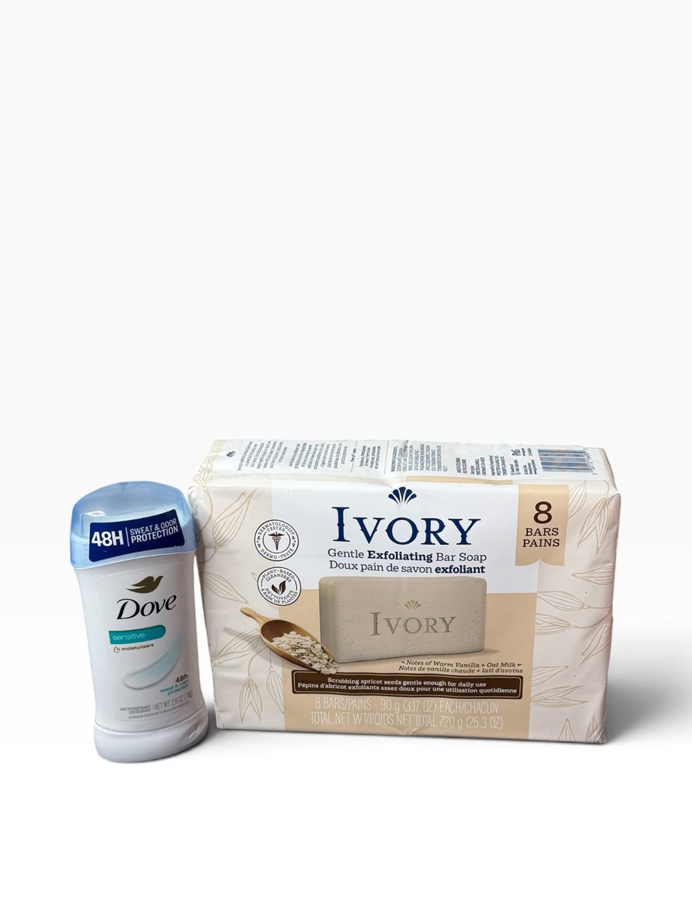 Ivory Gentle Exfoliating Bar Soap Cream (8 Bars) & Dove Deodorant